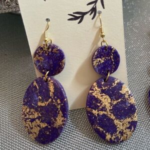 Elegant Purple and Gold Dangle Clay Earrings